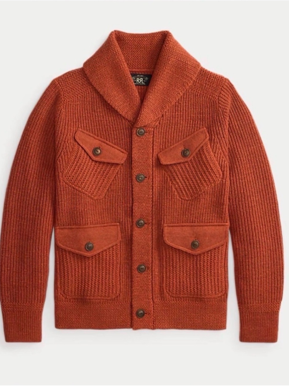 Ralph Lauren Double RL Men's Shawl Collar Knit Cardigan in Rust Orange